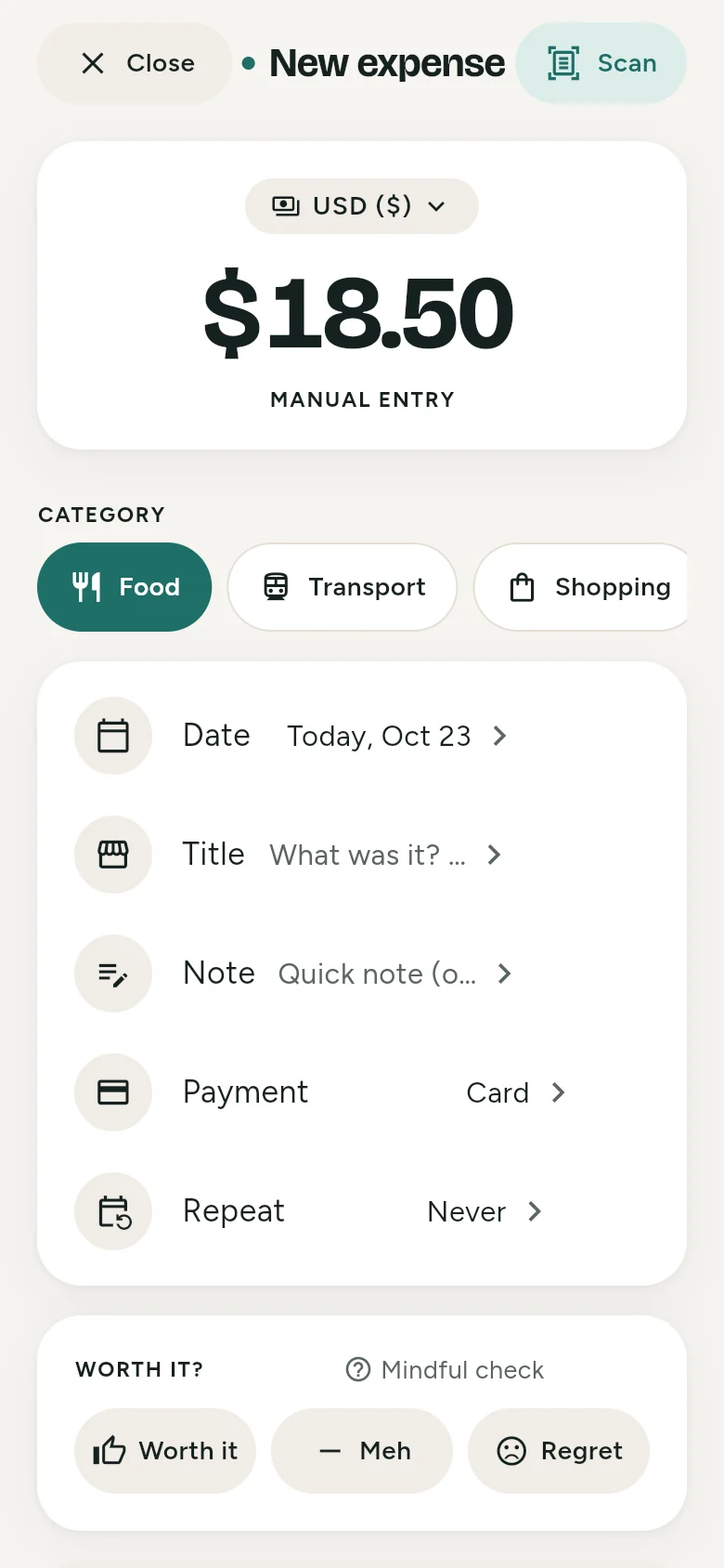 Add expense screen with an $18.50 amount, category chips and a worth-it check
