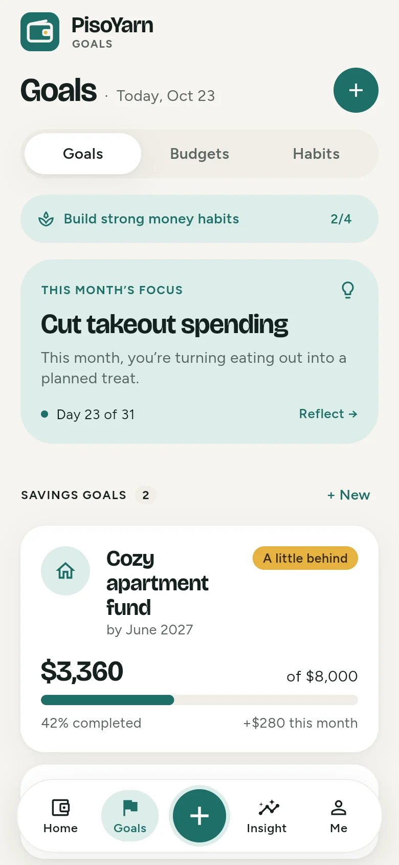 Goals screen with a monthly focus and a savings goal 42% complete