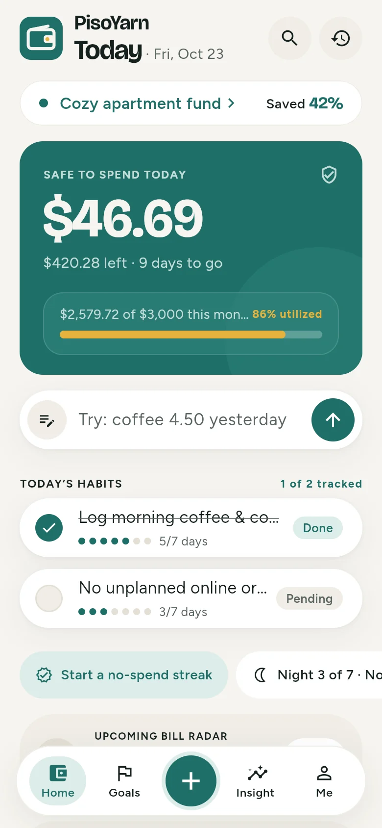 Home screen showing $46.69 safe to spend today, a savings goal at 42% and today's habits